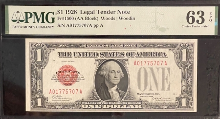 New Store Items 1928 $1 LEGAL TENDER, FR-1500, PMG CHOICE UNC-63 EPQ; FRESH FROM OLD COLLECTION!