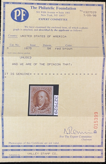 New Store Items SCOTT #3 5c RED-BROWN, REPRODUCTION, VF, PF CERTIFICATE, BRIGHT/SOUND-CAT $1000