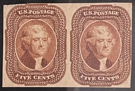 Postage SCOTT #12 5c RED-BROWN IMPERF PAIR, UNUSED, ADVERSE APS CERT, BRIGHT-CAT $22000!