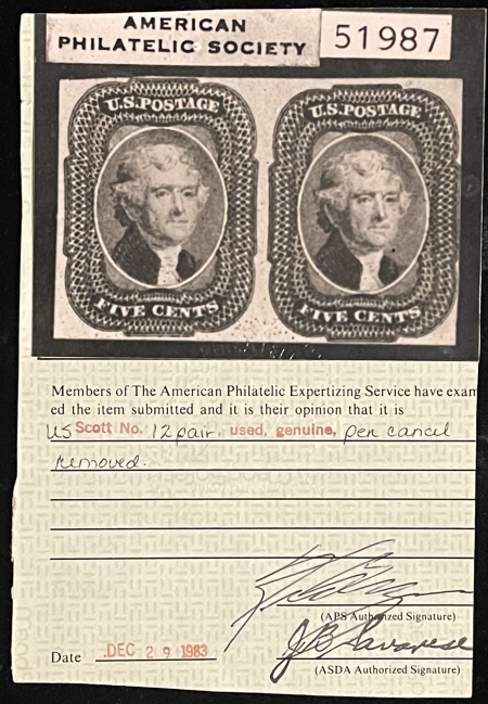 Postage SCOTT #12 5c RED-BROWN IMPERF PAIR, UNUSED, ADVERSE APS CERT, BRIGHT-CAT $22000!