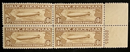 Air Post Stamps SCOTT #C-14 $1.30 BROWN GRAF ZEPPELIN, BLOCK OF 4 & PLATE #, MOG-NH V-CAT $2400