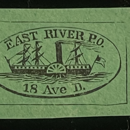 Local Stamps SCOTT #62L4, LOCAL-EAST RIVER PO, NYC, 1c BLACK/GREEN GLAZED PAPER, MDG-CAT $250