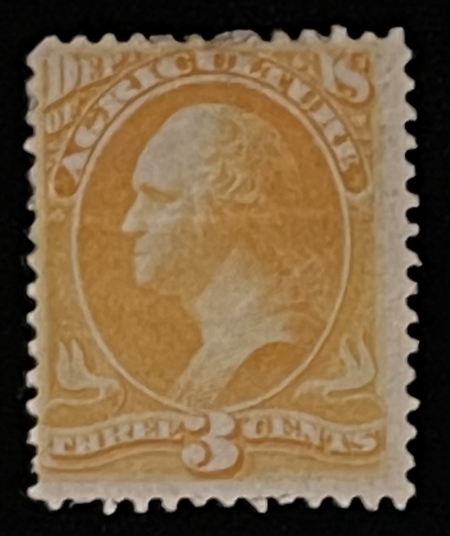 Official Stamps SCOTT #O-3, 3c YELLOW, MDOG, CREASES, VG W/ SATURATED COLOR – CATALOG VALUE $225