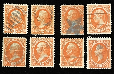 Official Stamps SCOTT #O-15,16,17,19,20,21,22,24, 1c-90c, INTERIOR DEPT, USED SINGLES, CAT $155