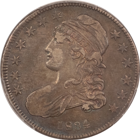 Early Halves 1834 CAPPED BUST HALF DOLLAR, SMALL DATE, SM LETTERS – PCGS VF-35, NICE ORIGINAL