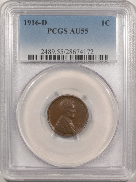 Lincoln Cents (Wheat) 1916-D LINCOLN CENT – PCGS AU-55, NEARLY BROWN UNC!