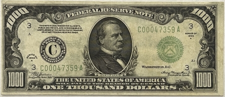 Small Federal Reserve Notes 1934-A $1000 FEDERAL RESERVE NOTE, PHILADELPHIA FR-2212C PCGS CH AU-50, ORIGINAL