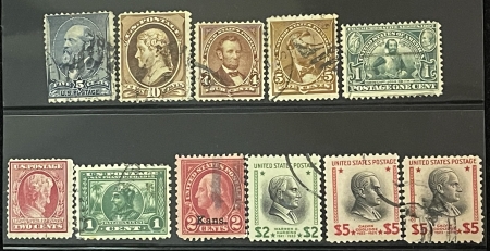 Postage SCOTT #209-834, SELECTION OF 11 USED SINGLES, 1882-1938, SM FAULTS, CAT $59.50