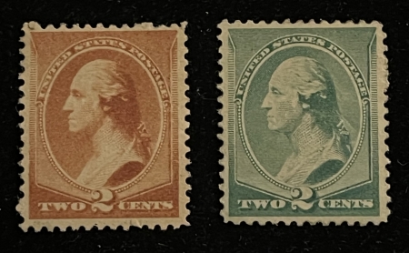 Postage SCOTT #210, 213; 2c WASHINGTON, RED-BROWN MOG-H & 2c GREEN MPOG, F/VF-CAT $85