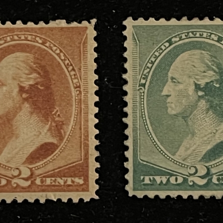 Postage SCOTT #210, 213; 2c WASHINGTON, RED-BROWN MOG-H & 2c GREEN MPOG, F/VF-CAT $85