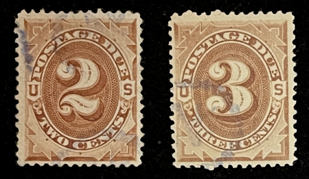 U.S. Stamps SCOTT #J-2 & J-3, 2c BROWN, 3c BROWN, POSTAGE DUE, USED, LT CANCELS, CAT $31