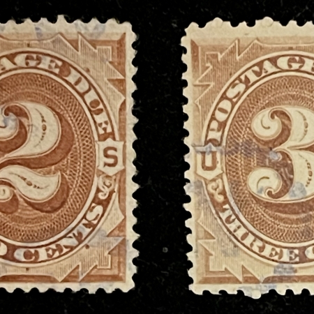 U.S. Stamps SCOTT #J-2 & J-3, 2c BROWN, 3c BROWN, POSTAGE DUE, USED, LT CANCELS, CAT $31