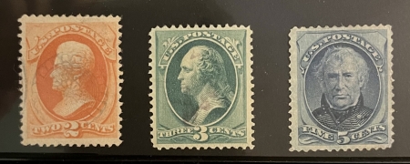 Postage SCOTT #183-185, 2c VERMILLION, 3c GREEN, 5c BLUE, USED, F/VF, LT CANCELS-CAT $22