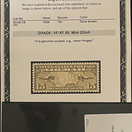 U.S. Stamps SCOTT #C-8, 15c OLIVE-BROWN, PSE GRADED VF-XF 85, MINT OGnh, SMQ = $20