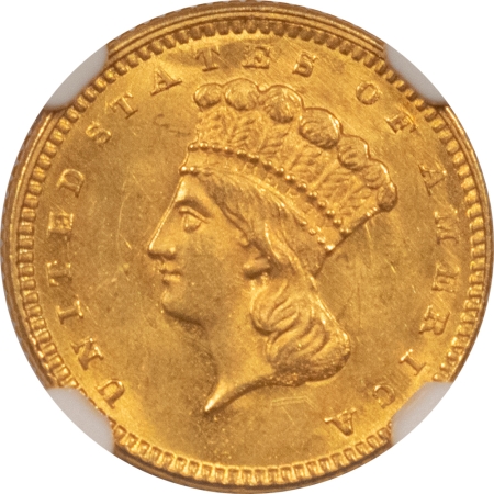$1 1861 GOLD DOLLAR, MINT ERROR, MEDALLIC ALIGNMENT – NGC MS-63, BILL FIVAZ HOLDER