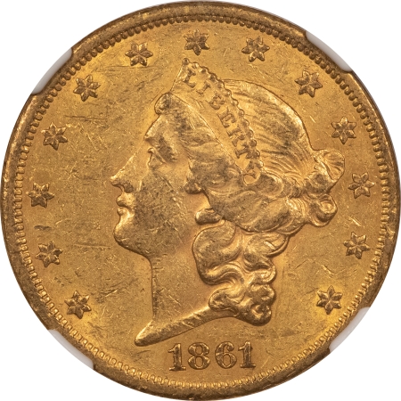 $20 1861 TYPE 1 $20 LIBERTY HEAD GOLD – NGC AU-53, ORIGINAL! CIVIL WAR HOARD LABEL