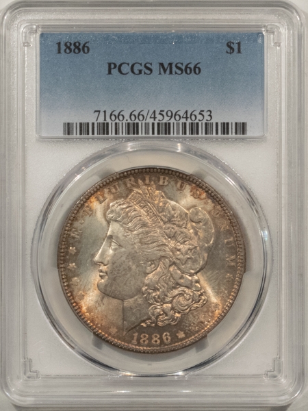 Morgan Dollars 1886 MORGAN DOLLAR – PCGS MS-66, PRETTY ENVELOPE TONED GEM!