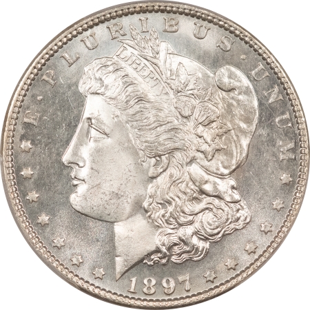 Dollars 1897 MORGAN DOLLAR – PCGS MS-65 PL, WHITE PROOFLIKE GEM W/ A CLEAN CHEEK!