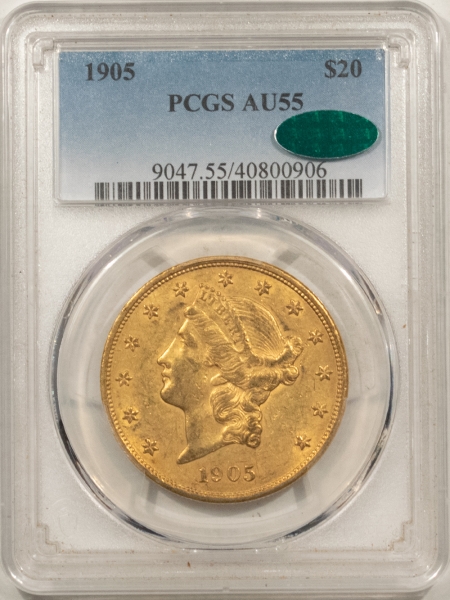 $20 1905 $20 LIBERTY HEAD GOLD – PCGS AU-55, CAC APPROVED! LOW MINTAGE! SCARCE!