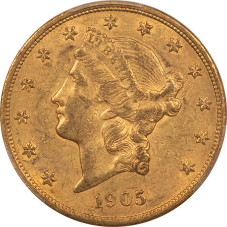 $20 1905 $20 LIBERTY HEAD GOLD – PCGS AU-55, CAC APPROVED! LOW MINTAGE! SCARCE!