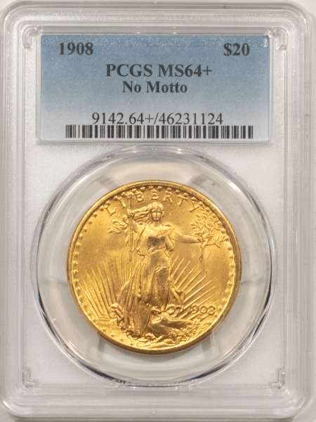 $20 1908 $20 ST GAUDENS GOLD, NO MOTTO – PCGS MS-64+, FLASHY!
