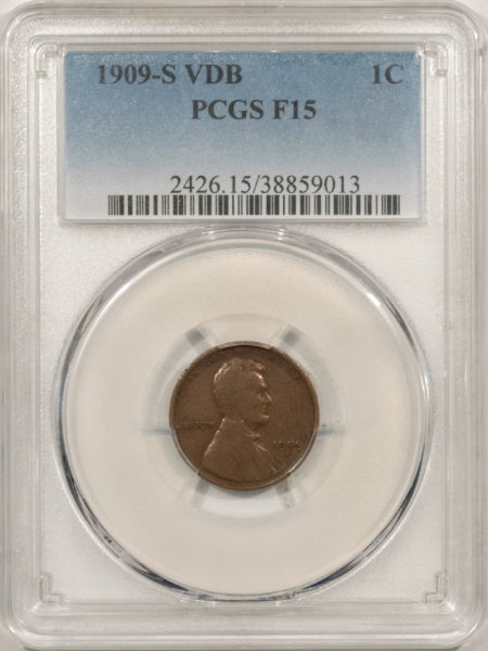 Lincoln Cents (Wheat) 1909-S VDB LINCOLN CENT – PCGS F-15, CHOCOLATE BROWN, KEY DATE!