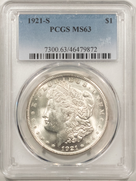 Morgan Dollars 1921-S MORGAN DOLLAR – PCGS MS-63, BLAST WHITE & PREMIUM QUALITY!