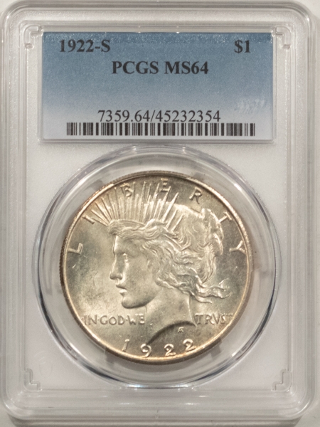 New Certified Coins 1922-S PEACE DOLLAR – PCGS MS-64, ORIGINAL WHITE, NICE FRESHNESS!