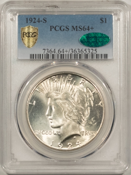 CAC Approved Coins 1924-S PEACE DOLLAR – PCGS MS-64+ BLAZING LUSTROUS, PQ NEAR GEM & CAC APPROVED!