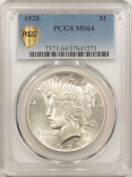 New Certified Coins 1928 PEACE DOLLAR – PCGS MS-64, SMOOTH ORIGINAL, SATINY WHITE, KEY DATE!