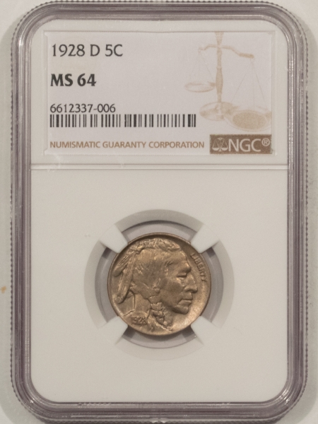 Buffalo Nickels 1928-D BUFFALO NICKEL – NGC MS-64, FRESH & PRETTY!