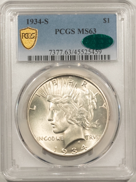 CAC Approved Coins 1934-S PEACE DOLLAR – PCGS MS-63, ORIGINAL WHITE LUSTROUS, WELL STRUCK & CAC!