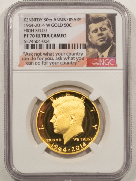 Modern Gold Commems 2014-W PROOF 50TH GOLD KENNEDY HALF DOLLAR, HIGH RELIEF – NGC PF-70 ULTRA CAMEO
