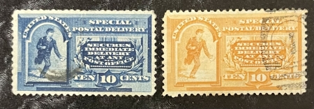 U.S. Stamps SCOTT #E-2 & E-3, 10c BLUE & 10c ORANGE PAIR, AVERAGE CENTERING & USED; CAT $95