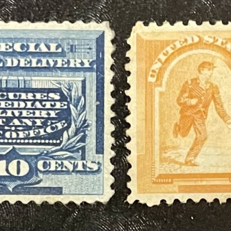 U.S. Stamps SCOTT #E-2 & E-3, 10c BLUE & 10c ORANGE PAIR, AVERAGE CENTERING & USED; CAT $95
