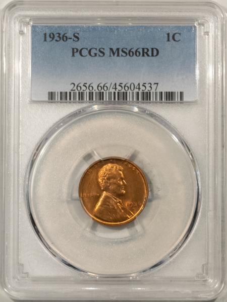 Lincoln Cents (Wheat) 1936-S LINCOLN CENT – PCGS MS-66 RD, ORIGINAL FLASHY RED!