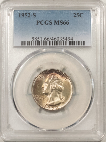 New Certified Coins 1952-S WASHINGTON QUARTER – PCGS MS-66, PRETTY!