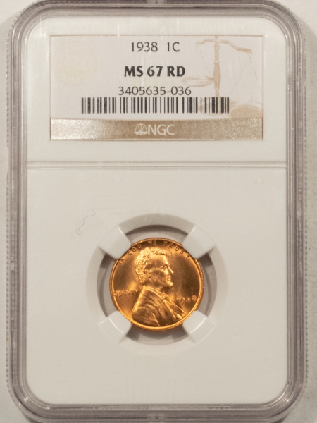 Lincoln Cents (Wheat) 1938 LINCOLN CENT – NGC MS-67 RD, SUPERB GEM!