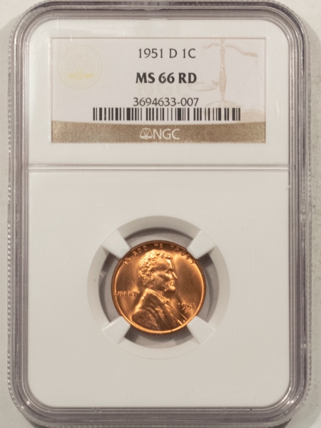 Lincoln Cents (Wheat) 1951-D LINCOLN CENT – NGC MS-66 RD, BLAZING RED!