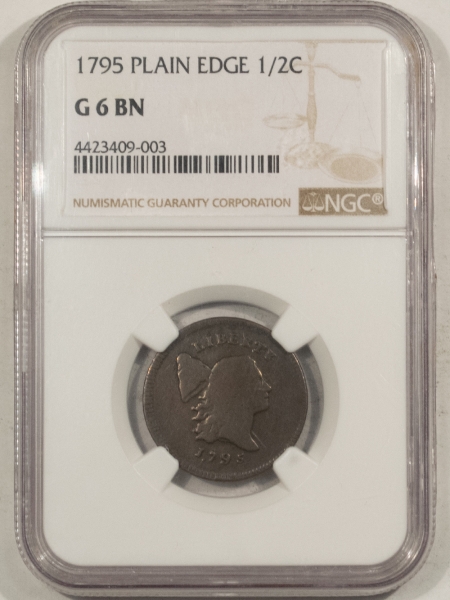 Early Copper & Colonials 1795 LIBERTY CAP HALF CENT, PLAIN EDGE, PUNCTUATED DATE – NGC G-6 BN NICE SMOOTH
