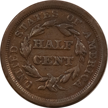 1850 HALF CENT, CIRCULATED BUT W/ NUMEROUS SMALL MARKS-SCARCE!
