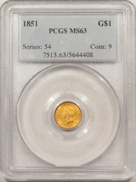 $1 1851 TYPE 1 LIBERTY GOLD DOLLAR – PCGS MS-63, FRESH & PREMIUM QUALITY!