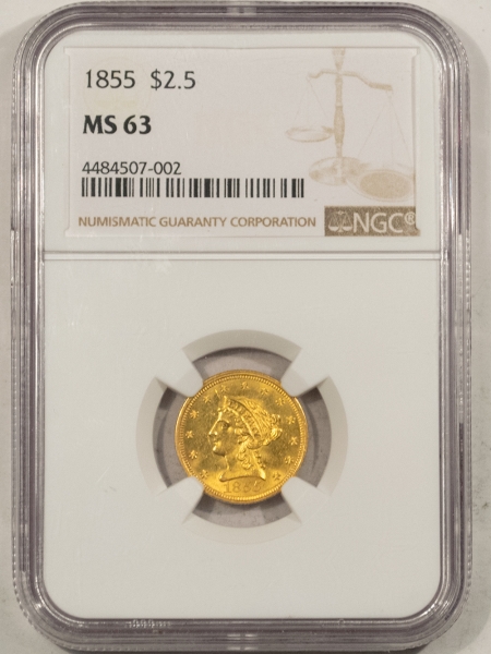 $2.50 1855 $2.50 LIBERTY HEAD GOLD – NGC MS-63, FLASHY & TOUGH!