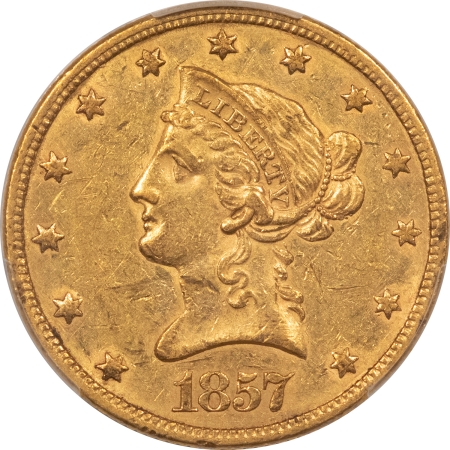 $10 1857 NO MOTTO $10 LIBERTY HEAD GOLD – PCGS AU-55, LESS THAN 150 KNOWN! SCARCE!
