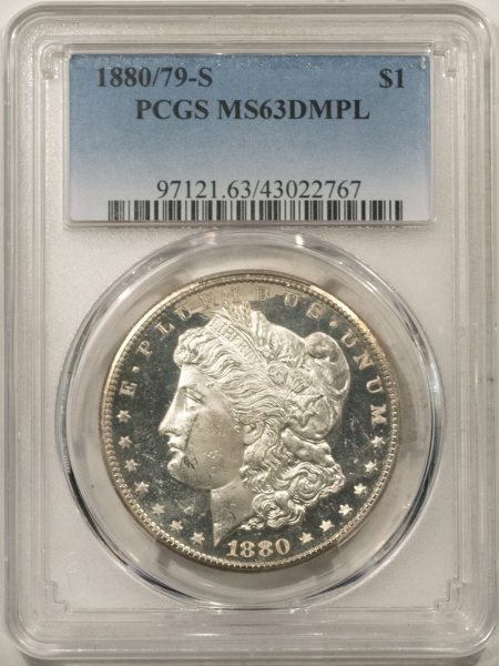 Morgan Dollars 1880/79-S MORGAN DOLLAR – PCGS MS-63 DMPL, BLACK & WHITE, ULTRA DEEP!