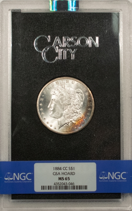 Morgan Dollars 1884-CC MORGAN DOLLAR GSA – NGC MS-65 W/ BOX & COA, PRETTY!