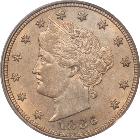 Liberty Nickels 1886 LIBERTY NICKEL – PCGS AU-58, REALLY ORIGINAL KEY DATE!