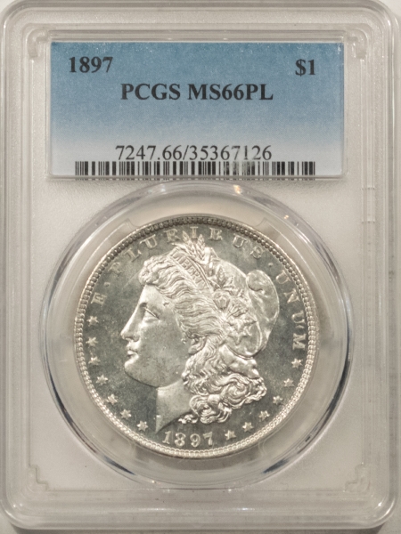 Dollars 1897 MORGAN DOLLAR – PCGS MS-66 PL, WHITE PROOFLIKE, TOUGH! POP 18/3 FINER!