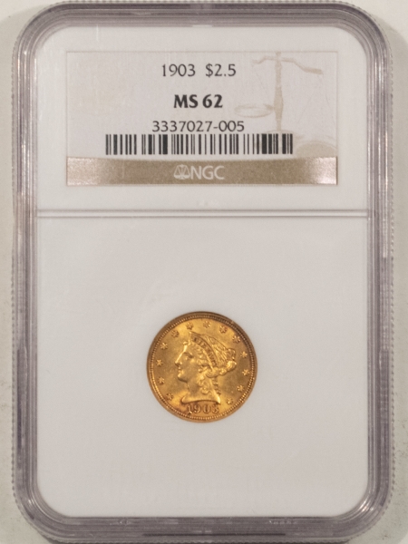 $2.50 1903 $2.50 LIBERTY GOLD – NGC MS-62, NICE ORIGINAL!