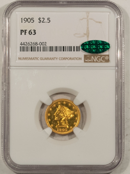 $2.50 1905 PROOF $2.50 LIBERTY HEAD GOLD – NGC PF-63 CAC, FRESH & PQ, POP 5 AT CAC!